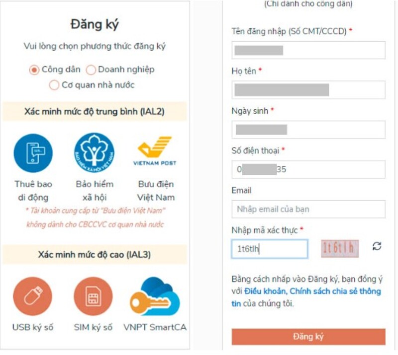cách đăng ký tài khoản dịch vụ công