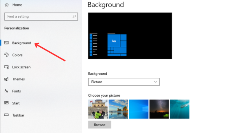 Đổi hình nền máy tính tại giao diện Background