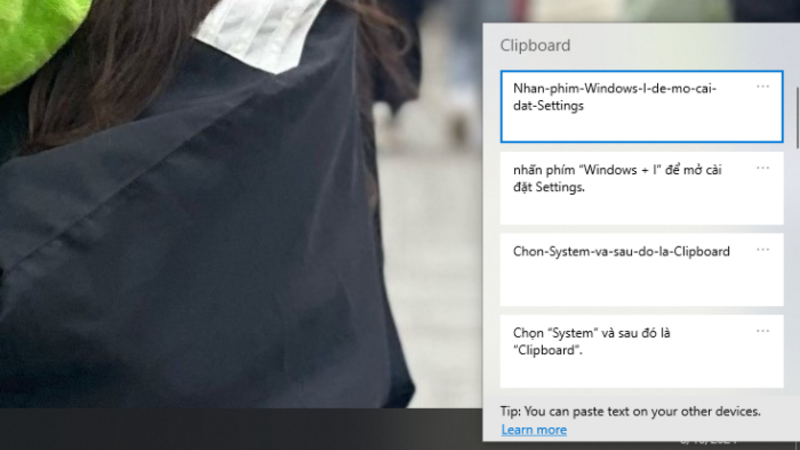 mở cửa sổ clipboard để xem lịch sử sao chép