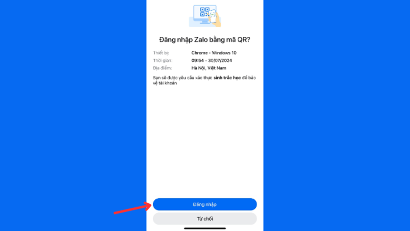 Chọn “Đăng nhập” để xác nhận đăng nhập Zalo với mã QR