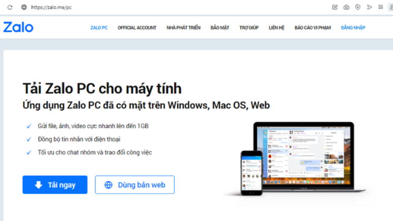 Lựa chọn tải Zalo về máy hoặc dùng Zalo trực tiếp trên website