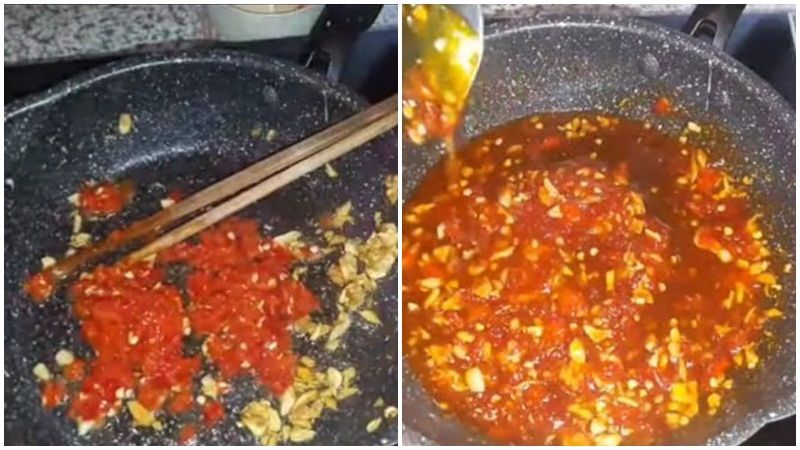 Bắc chảo lên bếp và xào ớt tươi