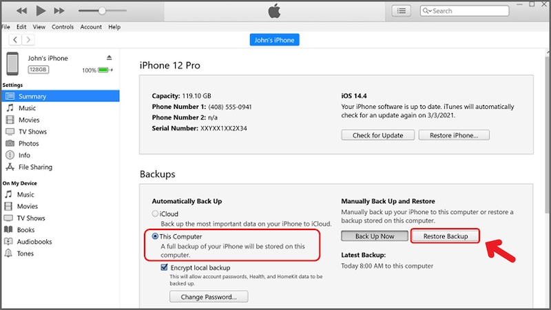 chuyển dữ liệu iPhone bằng iTunes
