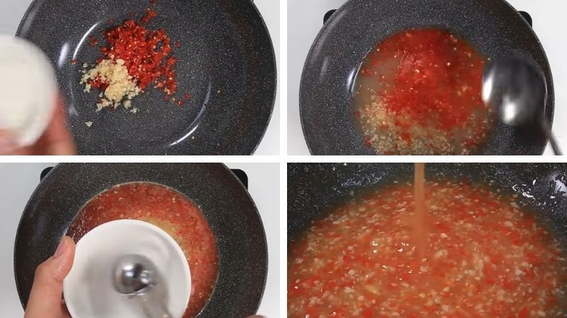 Đặt chảo lên bếp, cho ớt và tỏi đã băm nhuyễn vào