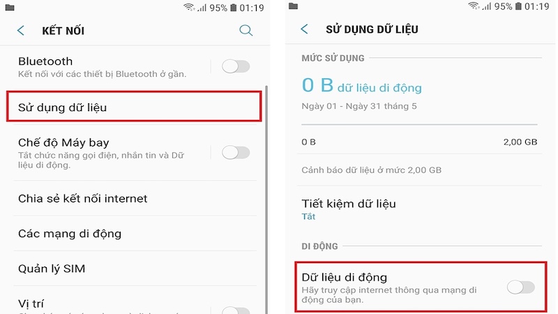 kích hoạt dữ liệu di động điện thoại Android