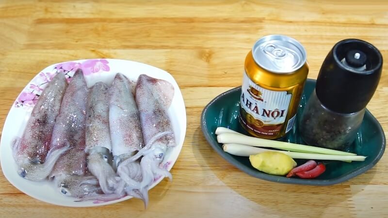 nguyên liệu mực hấp bia
