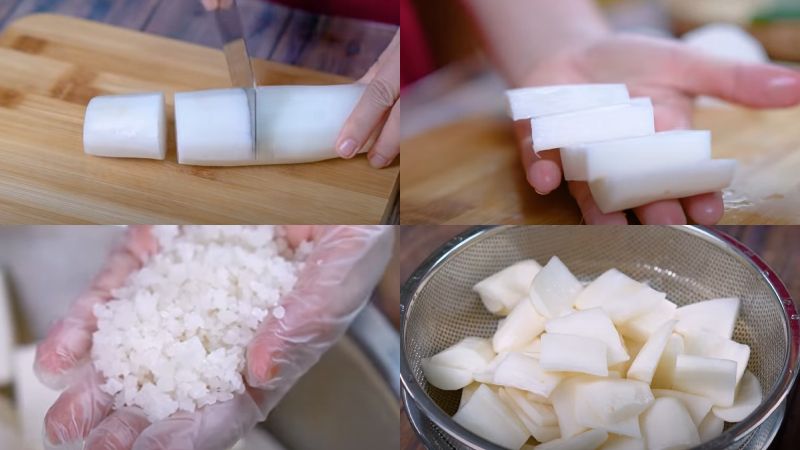 Sơ chế củ cải, cắt thành miếng nhỏ