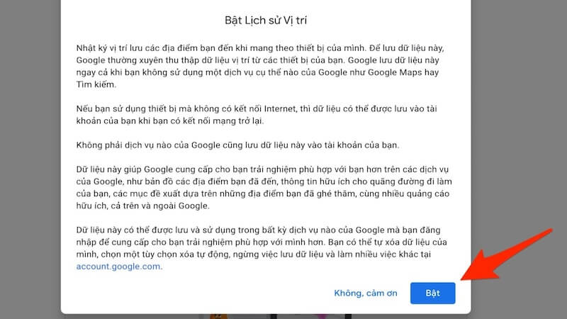 Xác nhận bật lịch sử vị trí Google Timeline