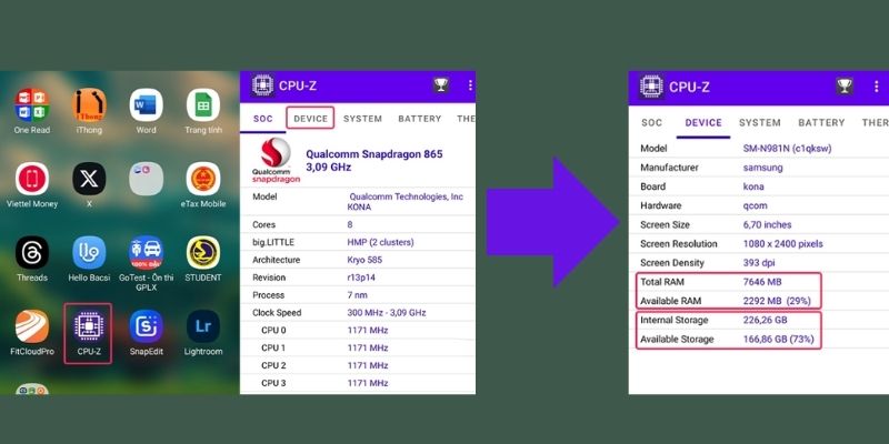 cách xem dung lượng điện thoại samsung